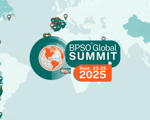 A globe with location markers and the BPSO summit title
